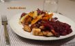 Poulet servi avec une sauce aux canneberges, port, cannelle, servie avec four rôti panais, oignon rouge & patate frites